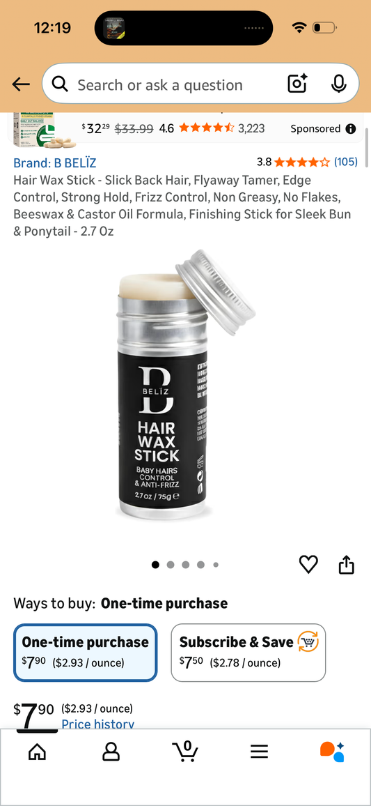Hair Wax Stick - Slick Back Hair, Flyaway Tamer, Edge Control, Strong Hold, Frizz Control, Non Greasy, No Flakes, Beeswax & Castor Oil Formula, Finishing Stick for Sleek Bun & Ponytail - 2.7 Oz