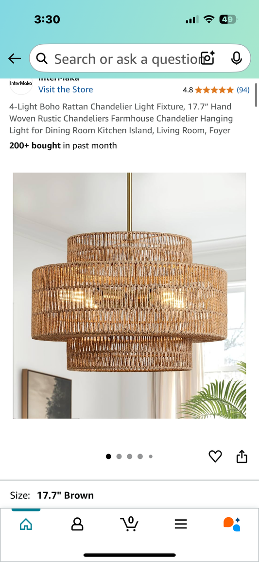 New - 4-Light Boho Rattan Chandelier Light Fixture, 17.7” Hand Woven Rustic Chandeliers Farmhouse Chandelier Hanging Light for Dining Room Kitchen Island, Living Room, Foyer