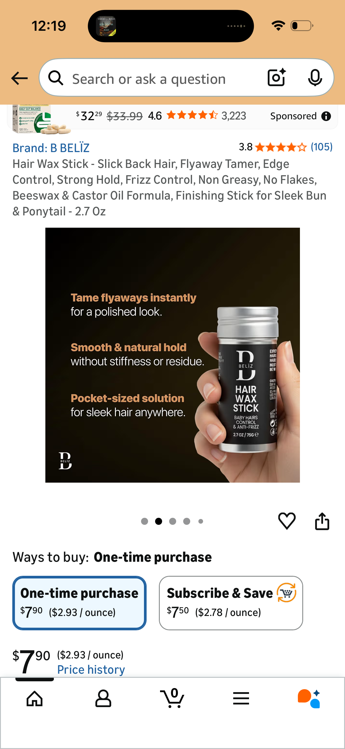 Hair Wax Stick - Slick Back Hair, Flyaway Tamer, Edge Control, Strong Hold, Frizz Control, Non Greasy, No Flakes, Beeswax & Castor Oil Formula, Finishing Stick for Sleek Bun & Ponytail - 2.7 Oz