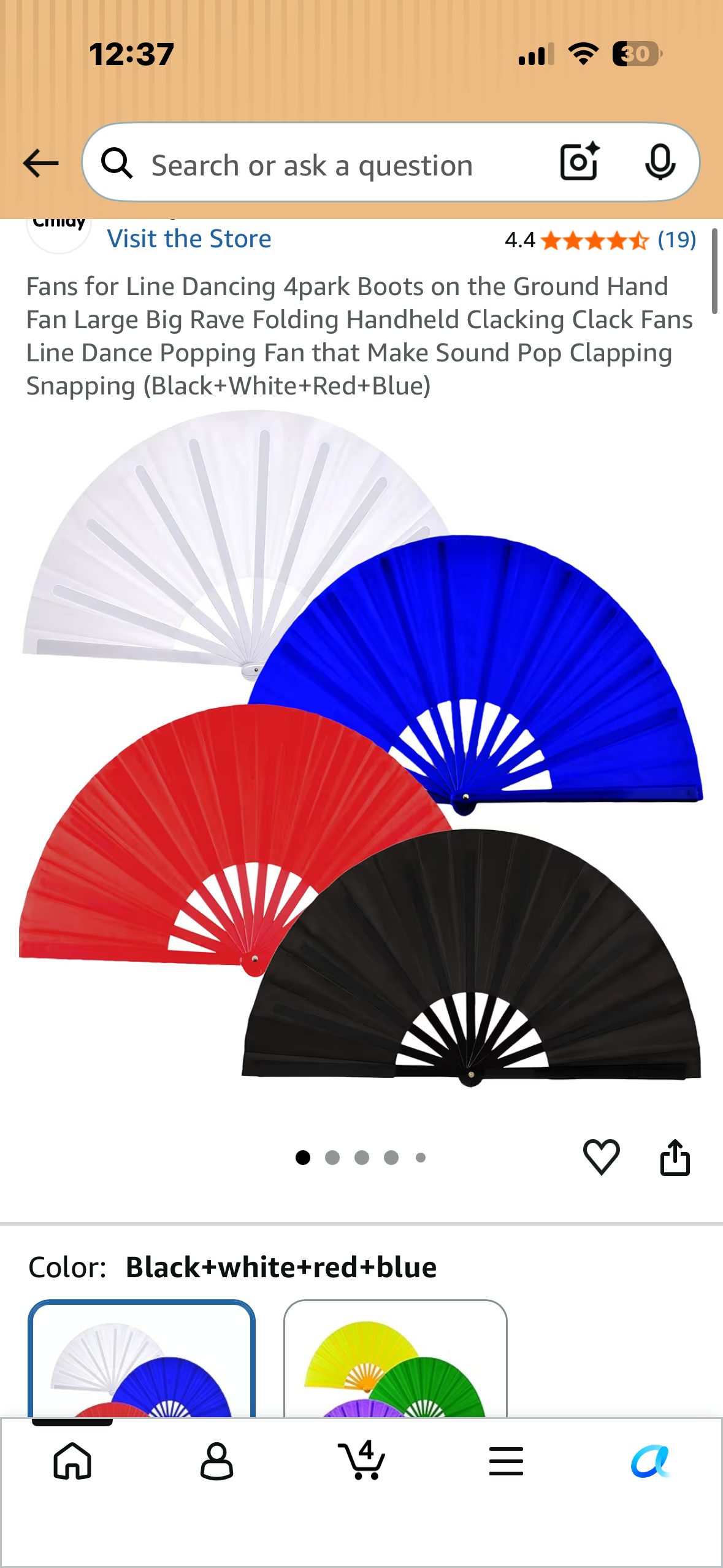 4-Pack, Hand Fans, Large Big Rave Folding Handheld Clacking Fans, Popping Fan that Makes Snapping Sound (Black+White+Red+Blue)