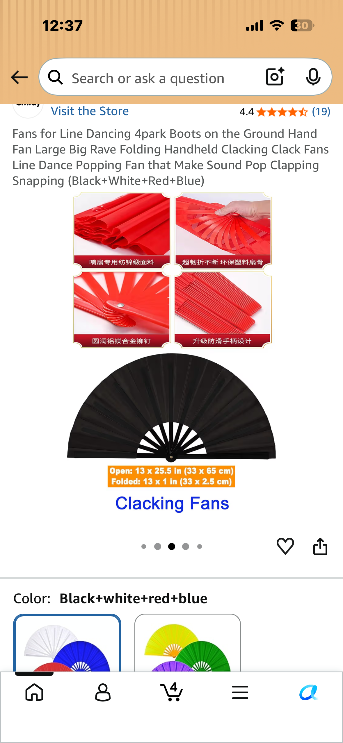 4-Pack, Hand Fans, Large Big Rave Folding Handheld Clacking Fans, Popping Fan that Makes Snapping Sound (Black+White+Red+Blue)