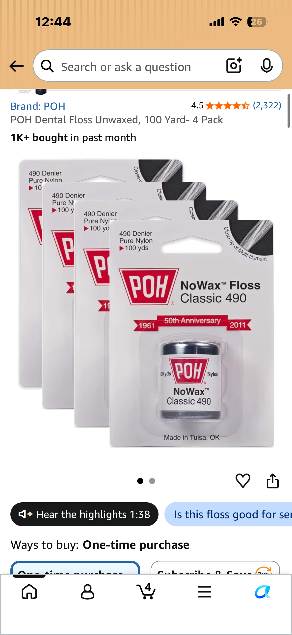POH Dental Floss Unwaxed, 100 Yard- 4 Pack