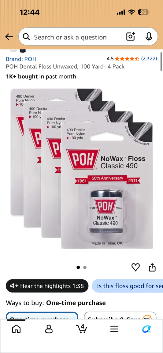 POH Dental Floss Unwaxed, 100 Yard- 4 Pack
