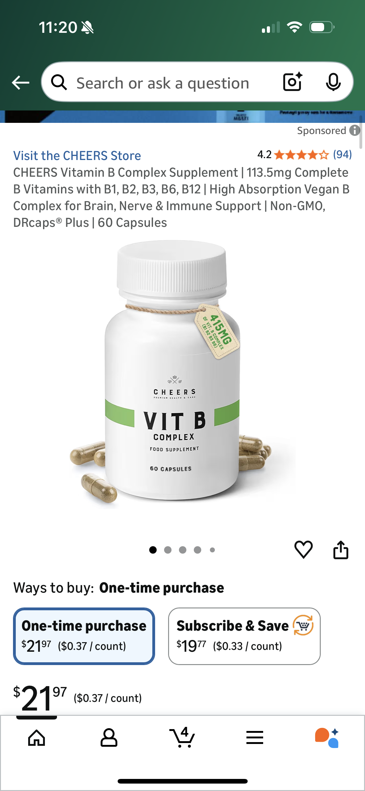 CHEERS Vitamin B Complex Supplement | 113.5mg Complete B Vitamins with B1, B2, B3, B6, B12 | High Absorption Vegan B Complex for Brain, Nerve & Immune Support | Non-GMO, DRcaps® Plus | 60 Capsules