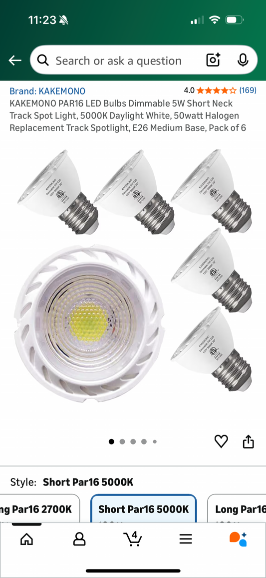 KAKEMONO PAR16 LED Bulbs Dimmable 5W Short Neck Track Spot Light, 5000K Daylight White, 50watt Halogen Replacement Track Spotlight, E26 Medium Base, Pack of 6