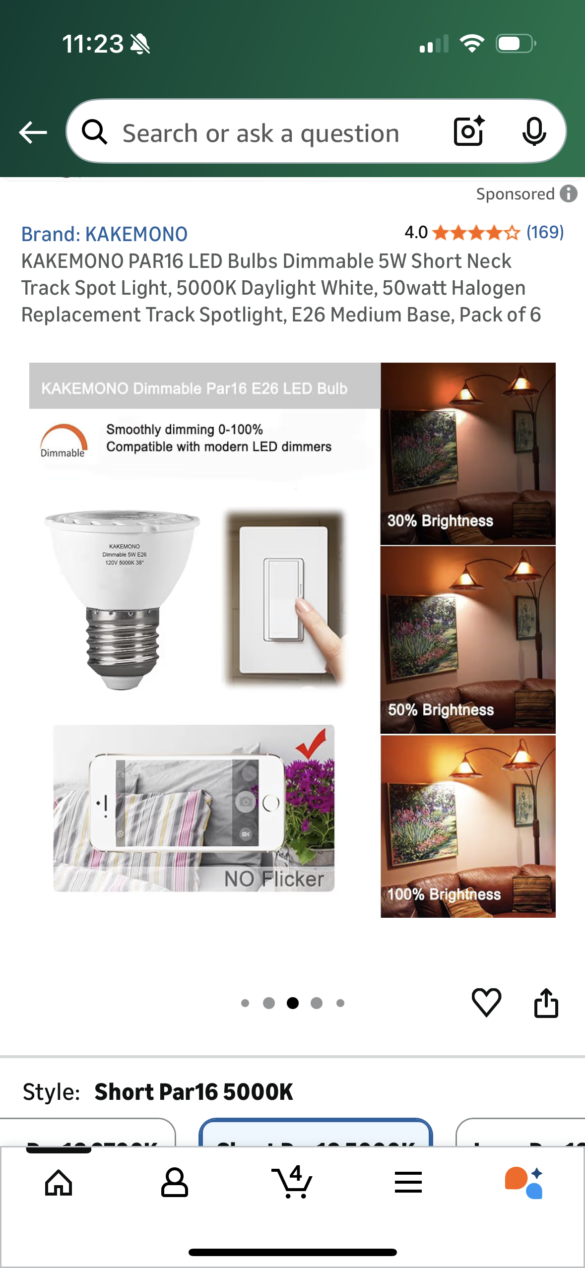 KAKEMONO PAR16 LED Bulbs Dimmable 5W Short Neck Track Spot Light, 5000K Daylight White, 50watt Halogen Replacement Track Spotlight, E26 Medium Base, Pack of 6