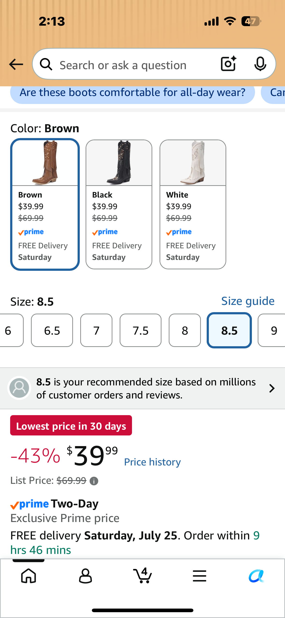 Cowboy Boots for Women - Fringe Knee High Cowgirl Boots with Classic Embroidery, Pointed Toe, Pull on Retro Design ya(Size Wom 8.5)