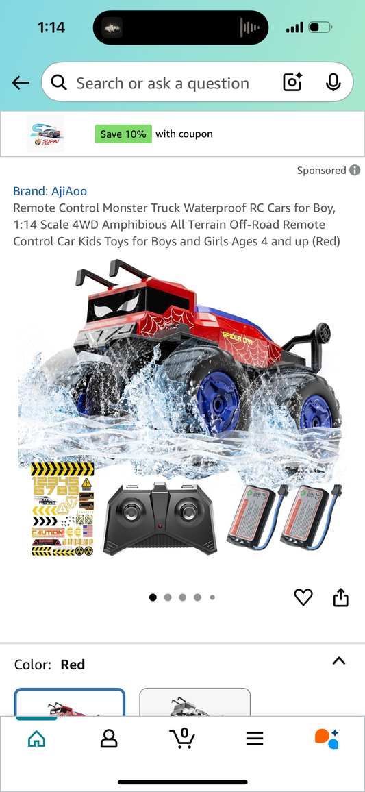 Remote Control Monster Truck Waterproof RC Cars for Boy, 1:14 Scale 4WD Amphibious All Terrain Off-Road Remote Control Car Kids Toys for Boys and Girls Ages 4 and up (Red)