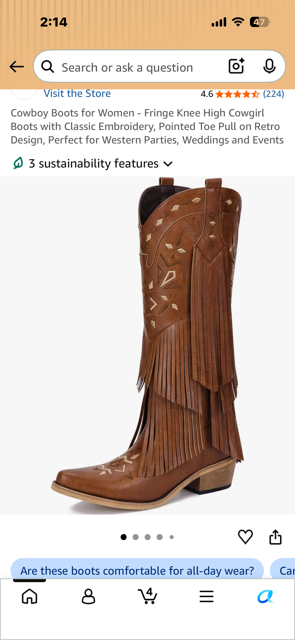 Cowboy Boots for Women - Fringe Knee High Cowgirl Boots with Classic Embroidery, Pointed Toe, Pull on Retro Design ya(Size Wom 8.5)
