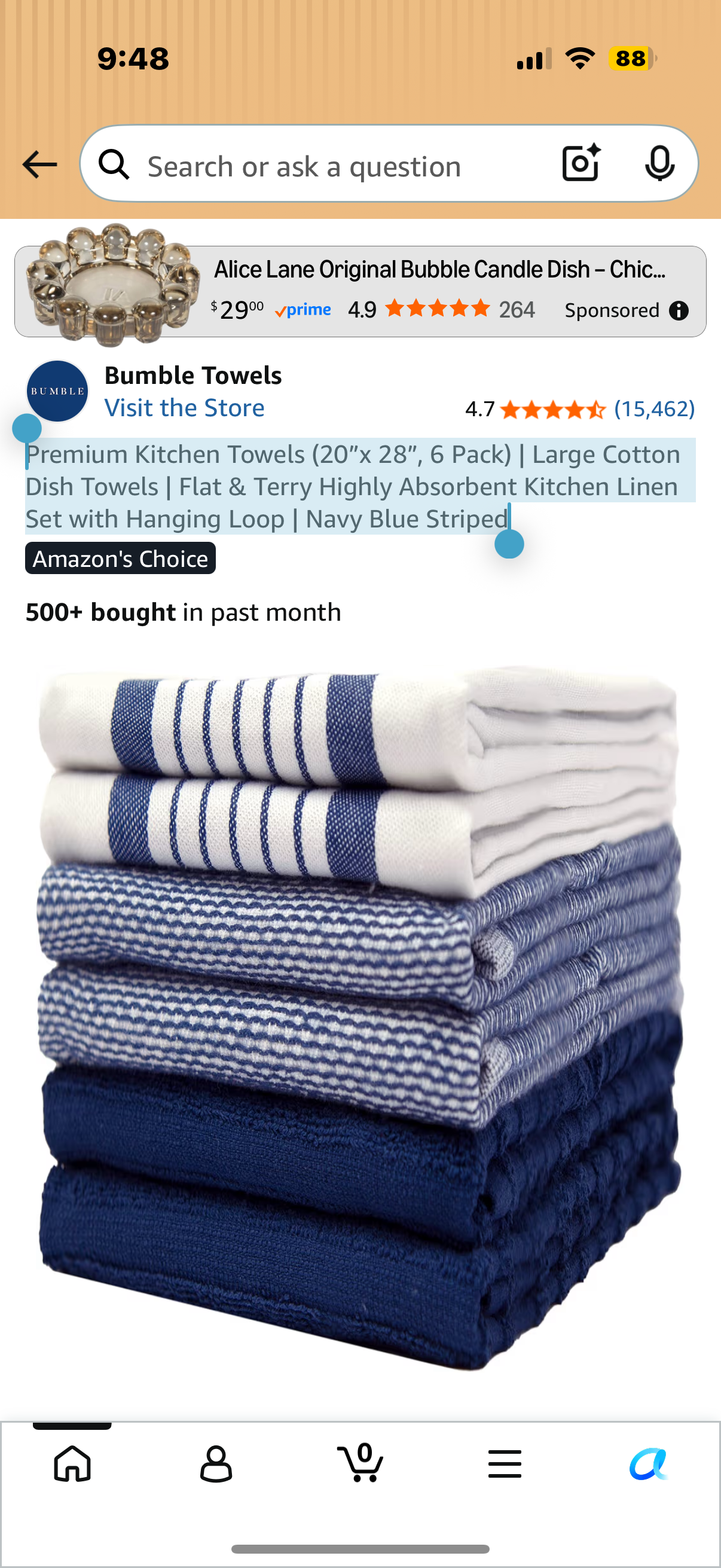 Premium Kitchen Towels (20”x 28”, 6 Pack) | Large Cotton Dish Towels | Flat & Terry Highly Absorbent Kitchen Linen Set with Hanging Loop | Navy Blue Striped