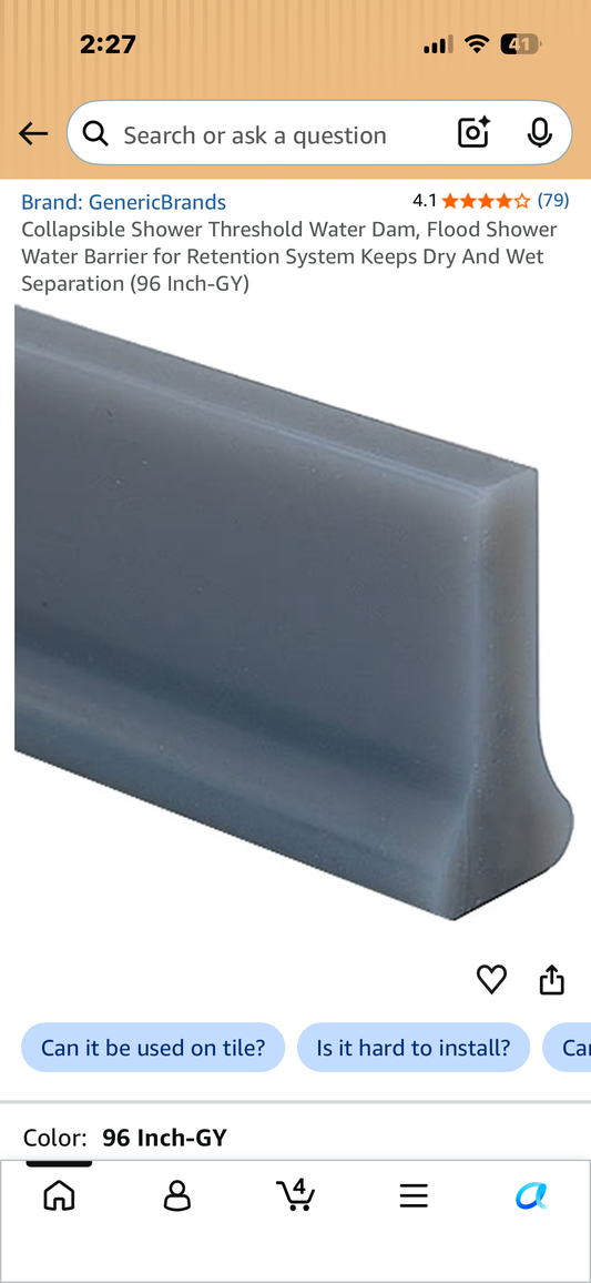 Collapsible Shower Threshold Water Dam, Flood Shower Water Barrier for Retention System Keeps Dry And Wet Separation (96 Inch-GY)