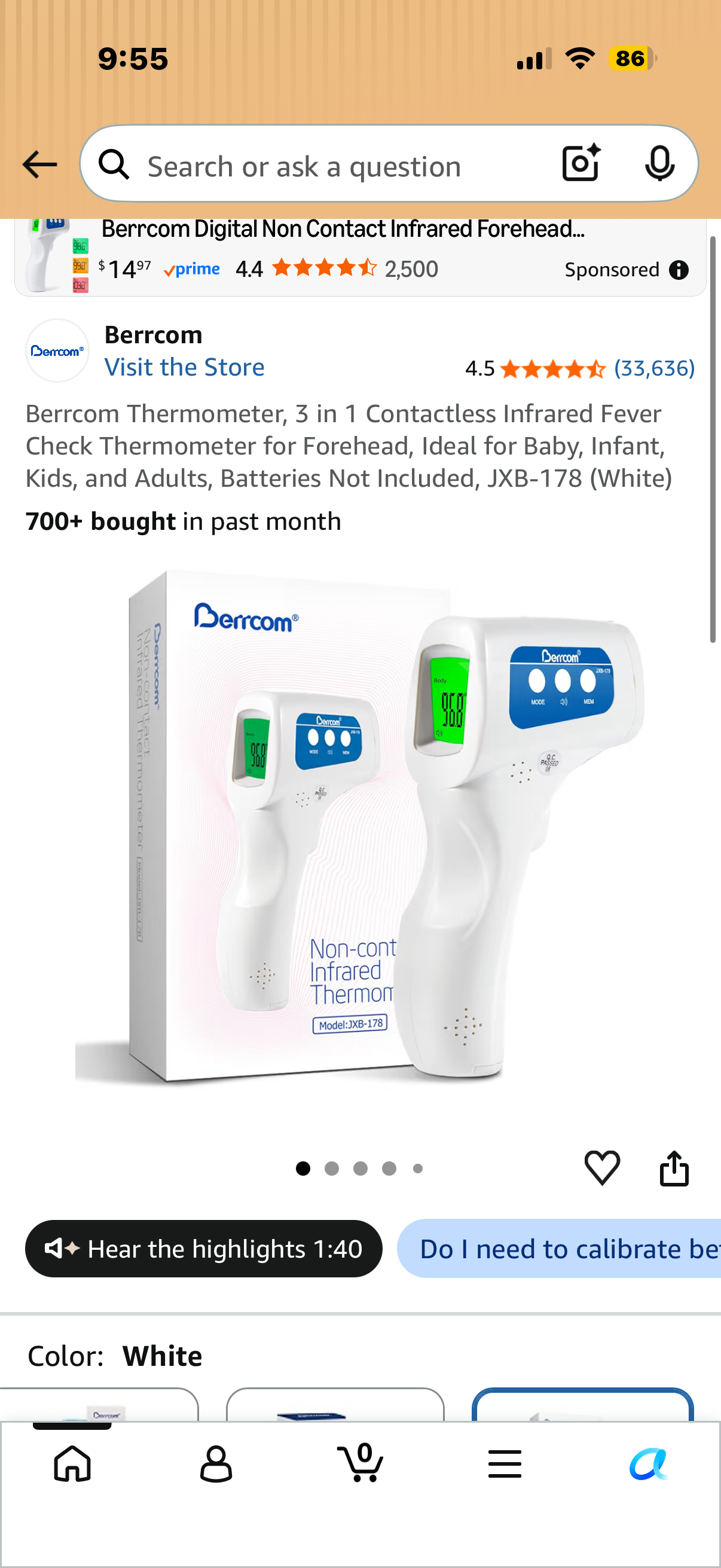Berrcom Thermometer, 3 in 1 Contactless Infrared Fever Check Thermometer for Forehead, Ideal for Baby, Infant, Kids, and Adults, Batteries Not Included, JXB-178 (White