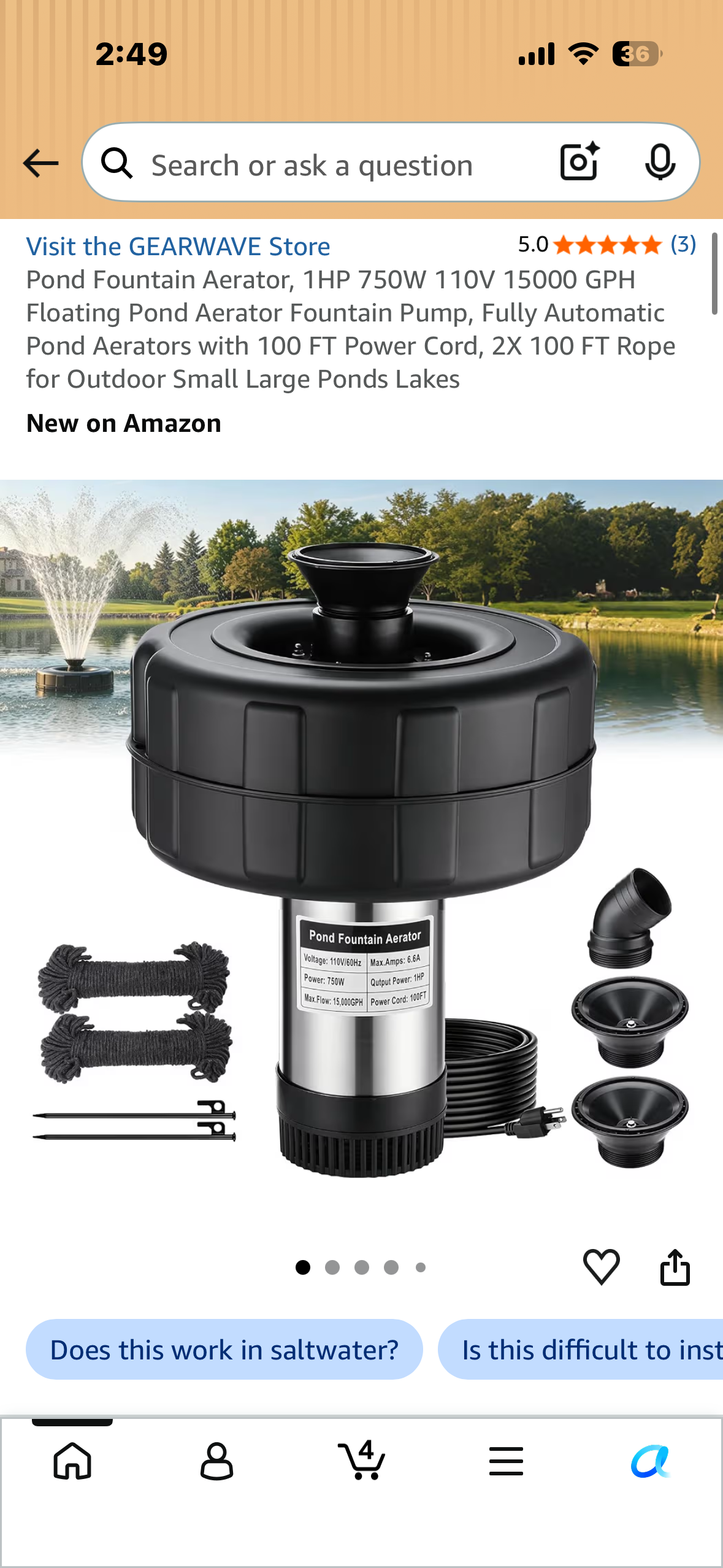Pond Fountain Aerator, 1HP 750W 110V 15000 GPH Floating Pond Aerator Fountain Pump, Fully Automatic Pond Aerators with 100 FT Power Cord, 2X 100 FT Rope for Outdoor Small Large Ponds Lakes