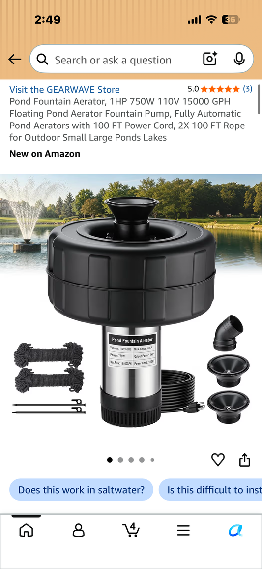 Pond Fountain Aerator, 1HP 750W 110V 15000 GPH Floating Pond Aerator Fountain Pump, Fully Automatic Pond Aerators with 100 FT Power Cord, 2X 100 FT Rope for Outdoor Small Large Ponds Lakes