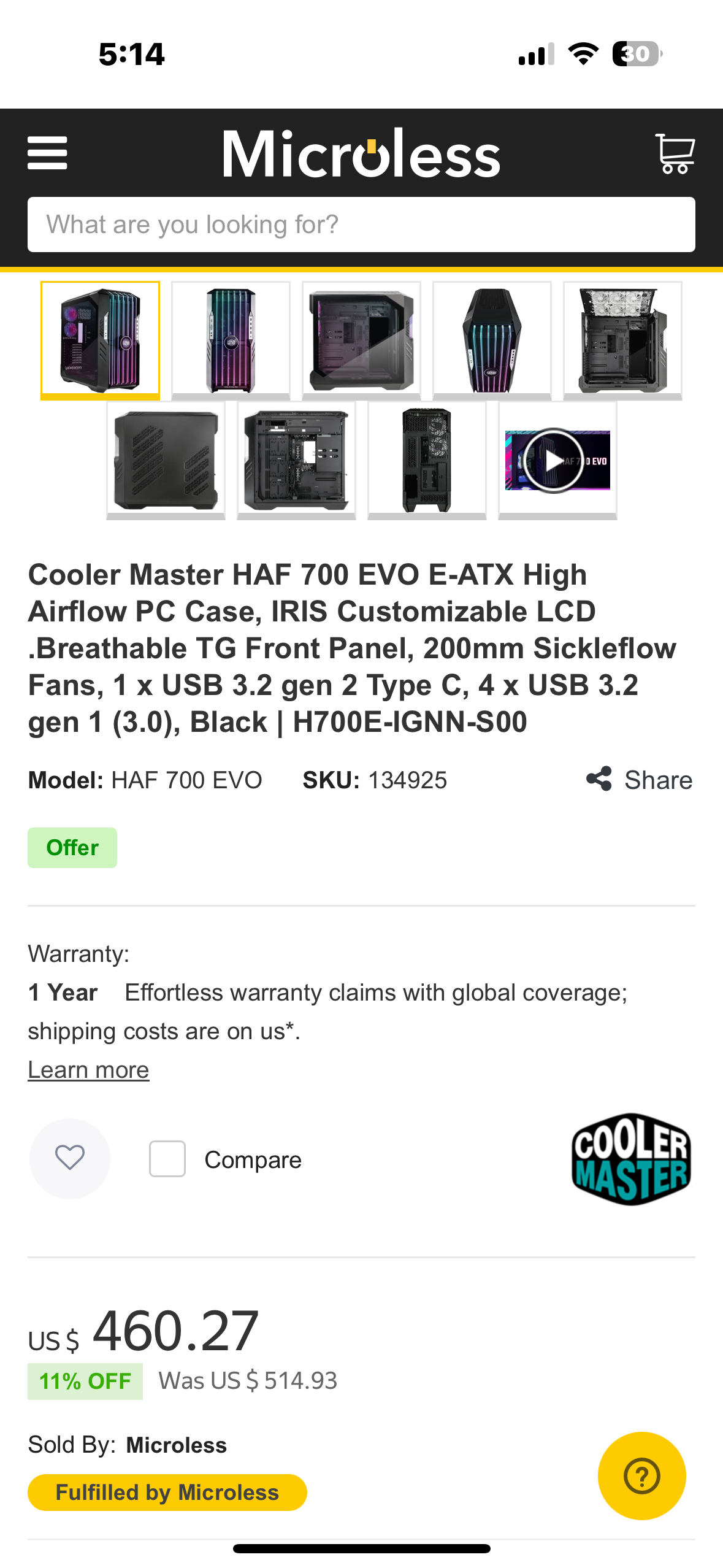 Cooler Master HAF 700 EVO E-ATX High Airflow PC Case, IRIS Customizable LCD .Breathable TG Front Panel, 200mm Sickleflow Fans, 1 x USB 3.2 gen 2 Type C, 4 x USB 3.2 gen 1 (3.0) (H700E-IGNN-S00) (R709)