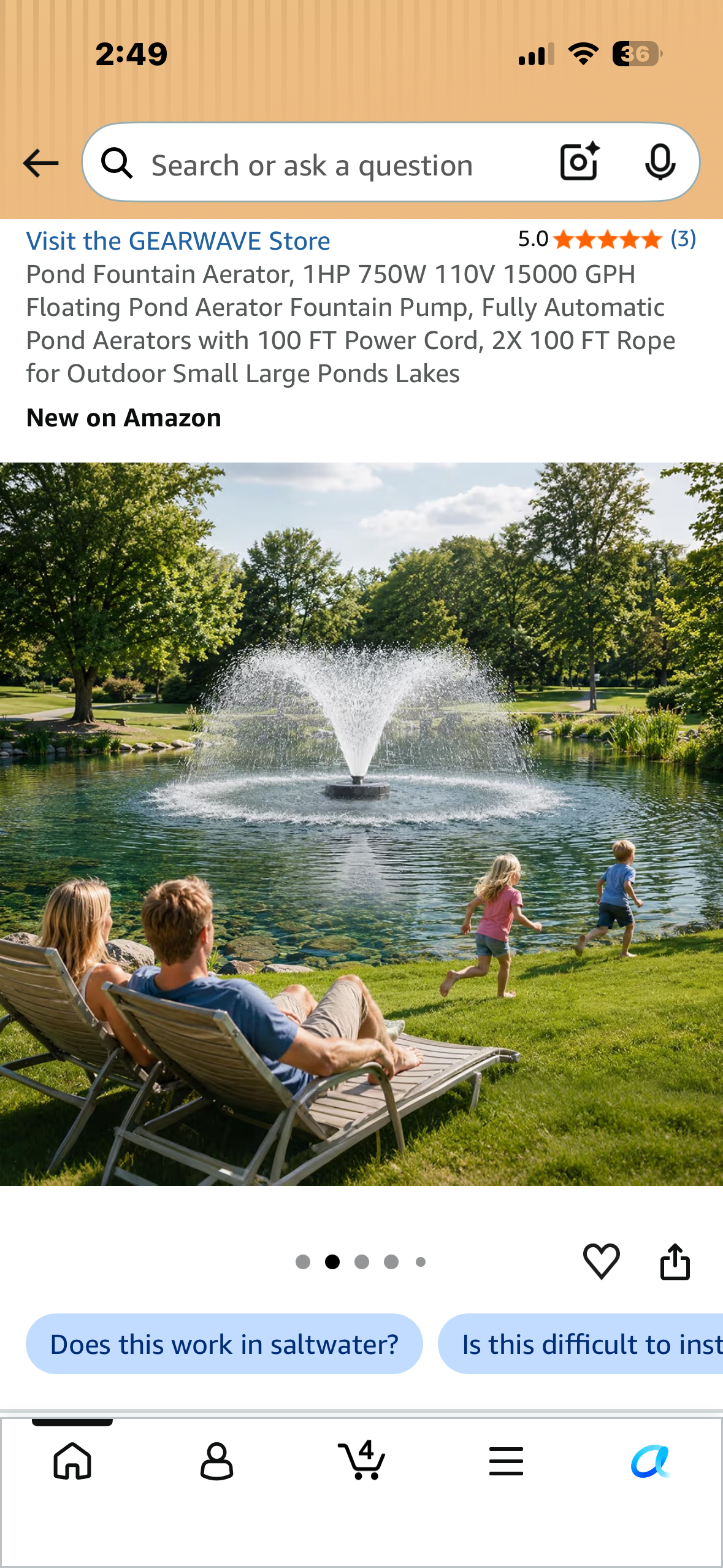 Pond Fountain Aerator, 1HP 750W 110V 15000 GPH Floating Pond Aerator Fountain Pump, Fully Automatic Pond Aerators with 100 FT Power Cord, 2X 100 FT Rope for Outdoor Small Large Ponds Lakes