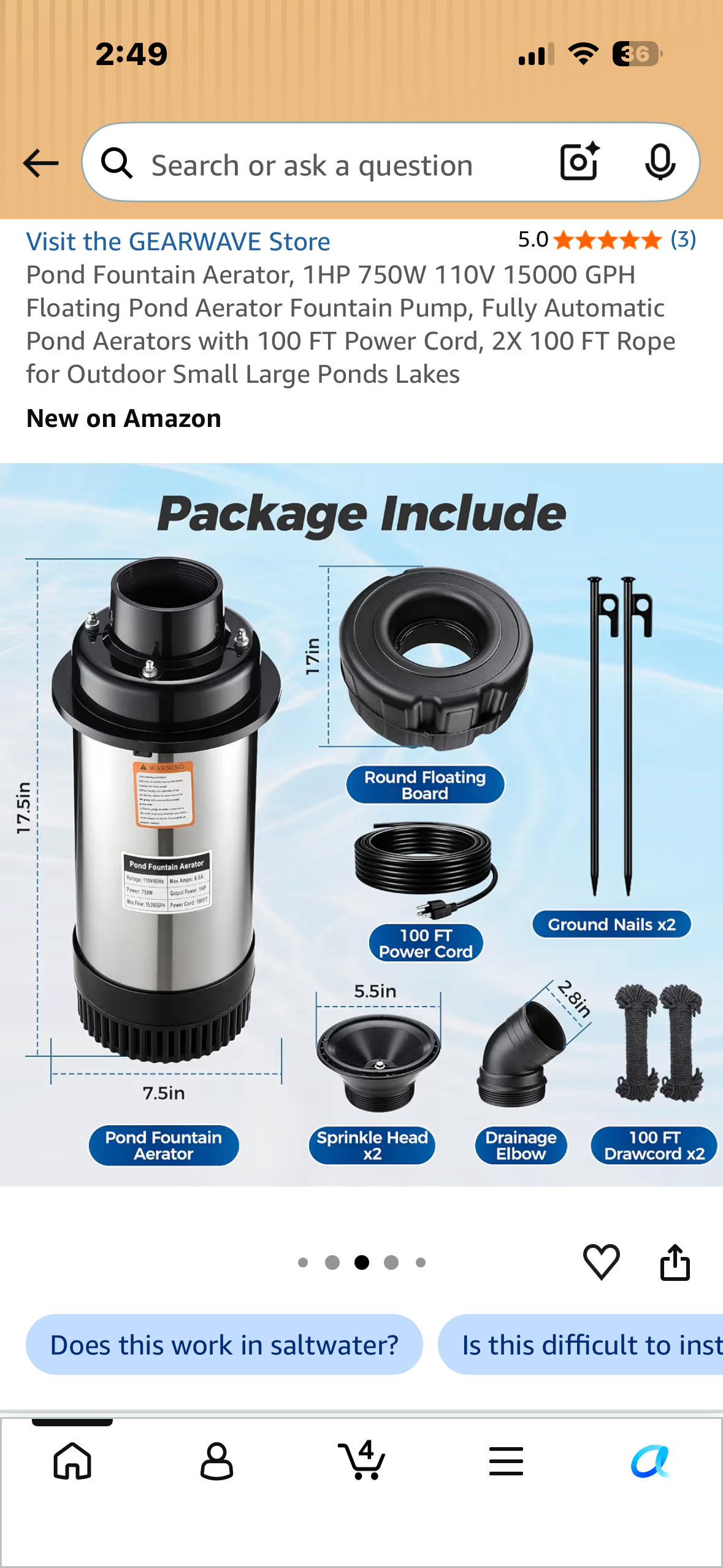 Pond Fountain Aerator, 1HP 750W 110V 15000 GPH Floating Pond Aerator Fountain Pump, Fully Automatic Pond Aerators with 100 FT Power Cord, 2X 100 FT Rope for Outdoor Small Large Ponds Lakes