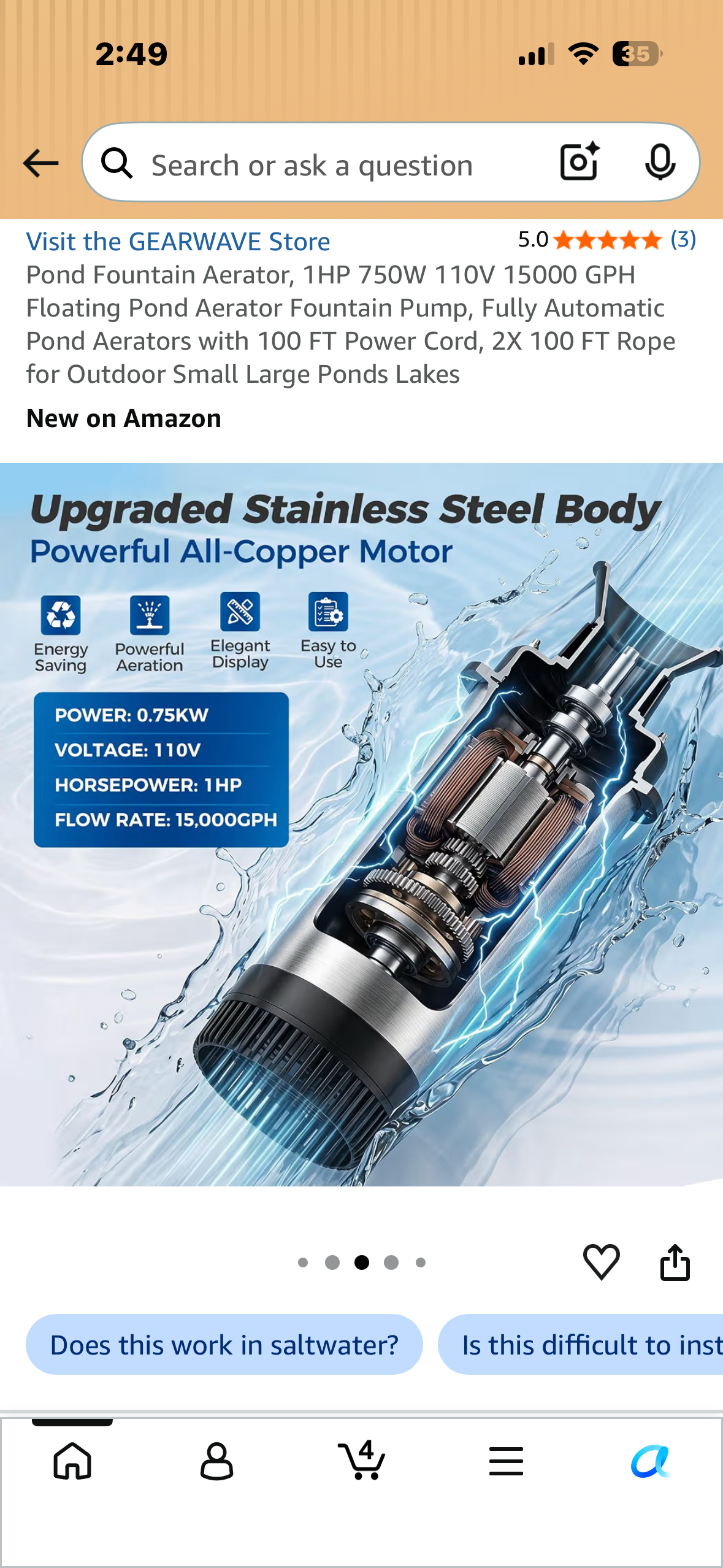 Pond Fountain Aerator, 1HP 750W 110V 15000 GPH Floating Pond Aerator Fountain Pump, Fully Automatic Pond Aerators with 100 FT Power Cord, 2X 100 FT Rope for Outdoor Small Large Ponds Lakes