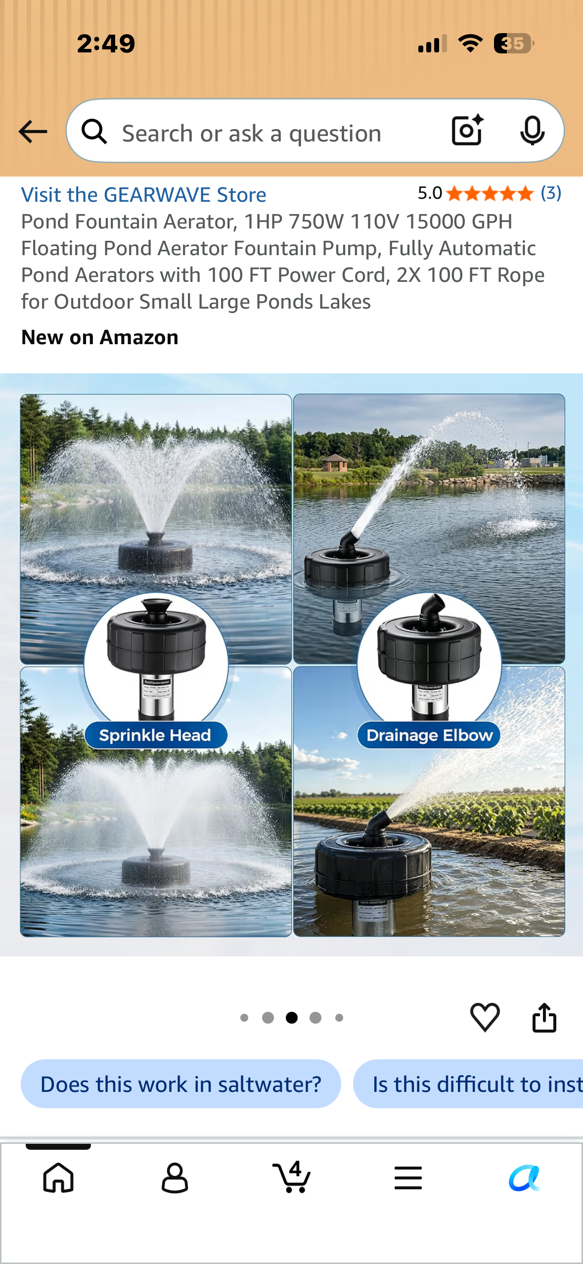 Pond Fountain Aerator, 1HP 750W 110V 15000 GPH Floating Pond Aerator Fountain Pump, Fully Automatic Pond Aerators with 100 FT Power Cord, 2X 100 FT Rope for Outdoor Small Large Ponds Lakes