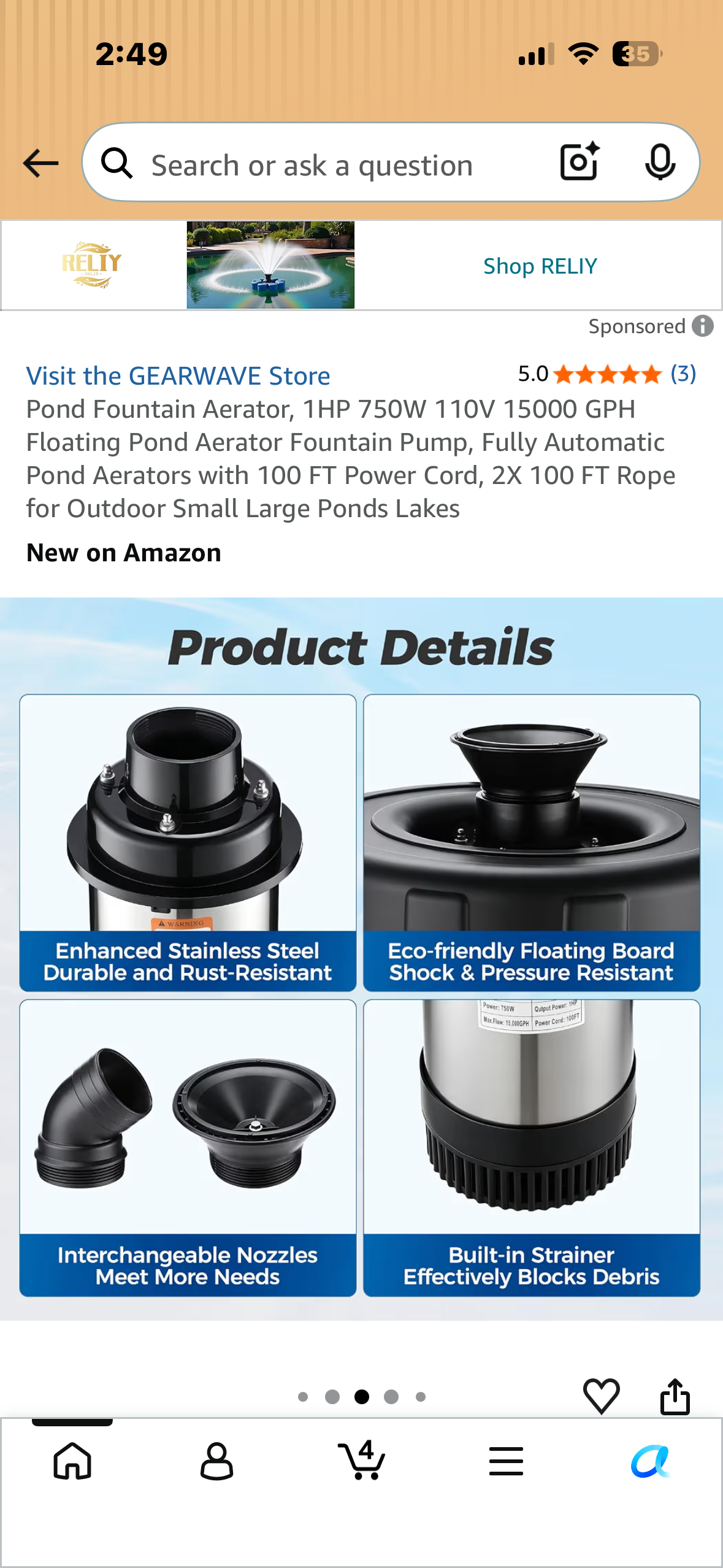Pond Fountain Aerator, 1HP 750W 110V 15000 GPH Floating Pond Aerator Fountain Pump, Fully Automatic Pond Aerators with 100 FT Power Cord, 2X 100 FT Rope for Outdoor Small Large Ponds Lakes