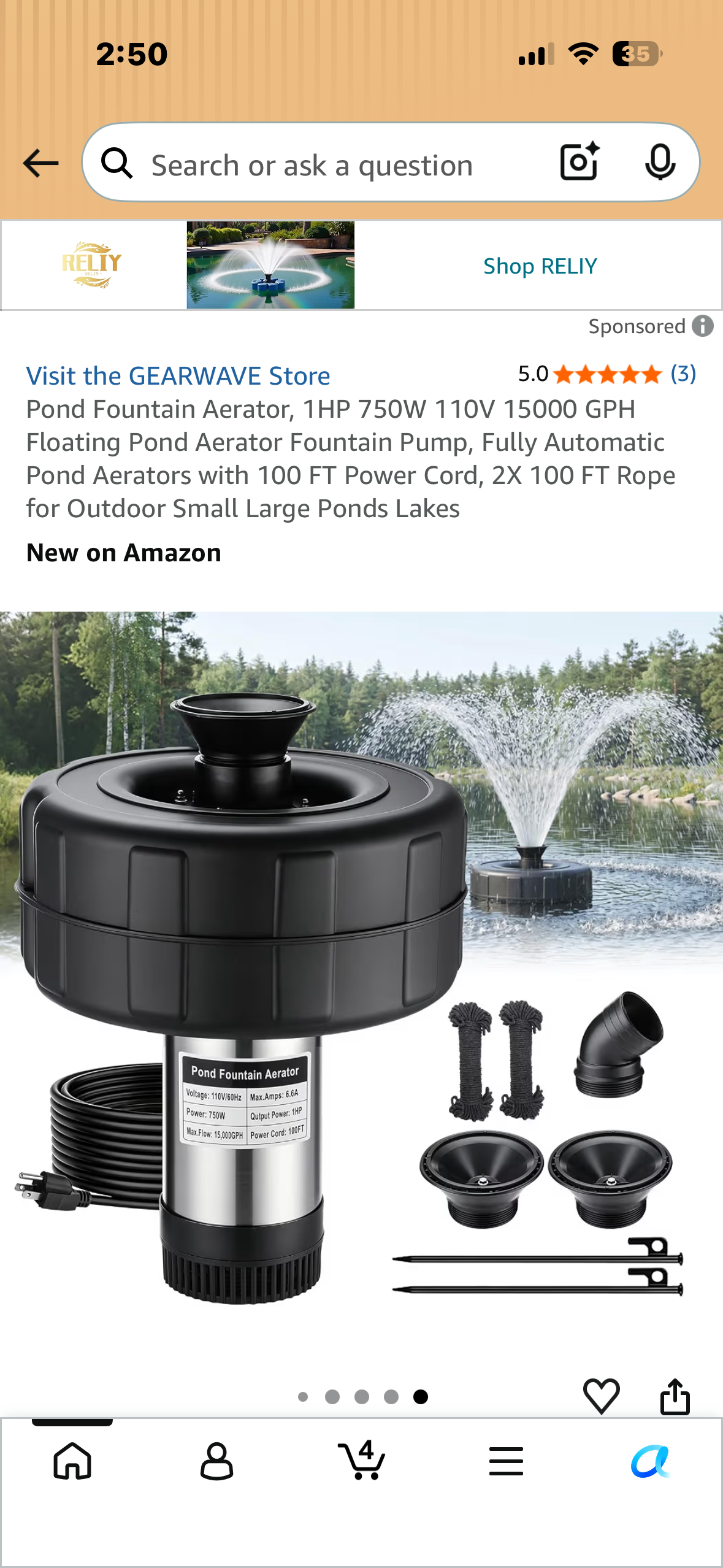 Pond Fountain Aerator, 1HP 750W 110V 15000 GPH Floating Pond Aerator Fountain Pump, Fully Automatic Pond Aerators with 100 FT Power Cord, 2X 100 FT Rope for Outdoor Small Large Ponds Lakes