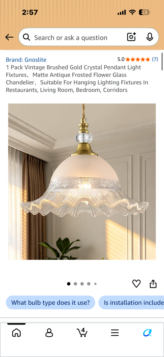 Vintage Brushed Gold Crystal Pendant Light Fixture, Matte Antique Frosted Flower Glass Chandelier