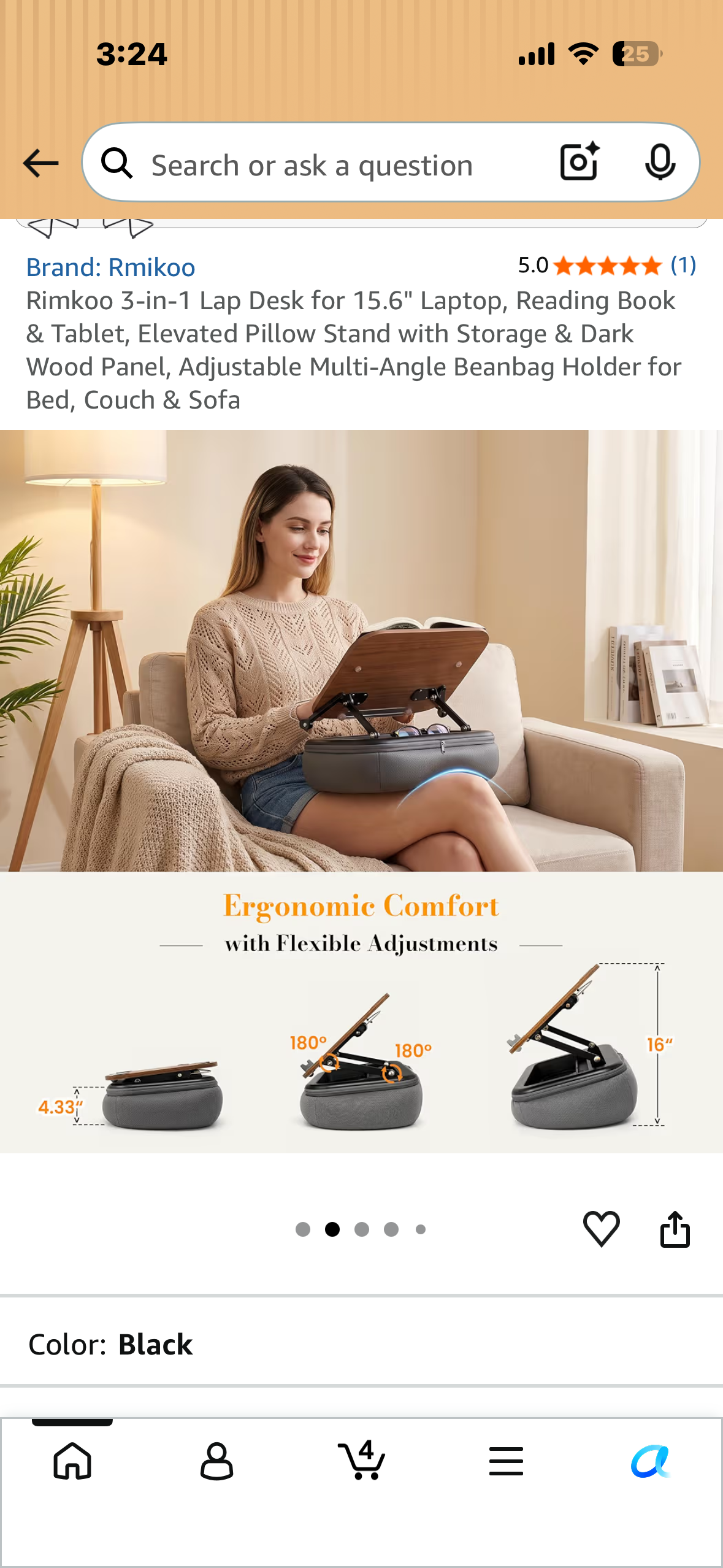 Rimkoo 3-in-1 Lap Desk for 15.6" Laptop, Reading Book & Tablet, Elevated Pillow Stand with Storage & Dark Wood Panel, Adjustable Multi-Angle Beanbag Holder for Bed, Couch & Sofa