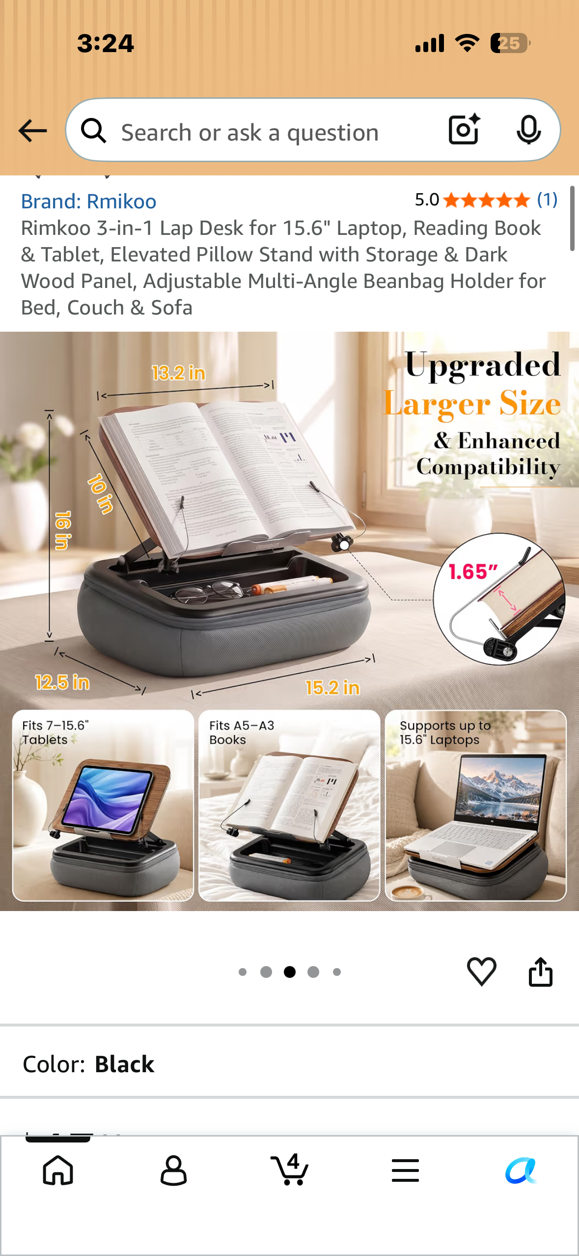 Rimkoo 3-in-1 Lap Desk for 15.6" Laptop, Reading Book & Tablet, Elevated Pillow Stand with Storage & Dark Wood Panel, Adjustable Multi-Angle Beanbag Holder for Bed, Couch & Sofa