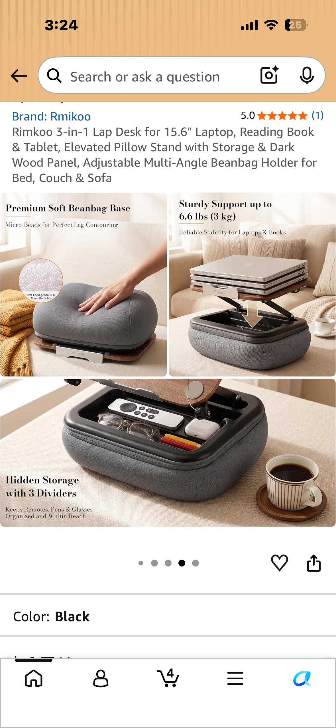 Rimkoo 3-in-1 Lap Desk for 15.6" Laptop, Reading Book & Tablet, Elevated Pillow Stand with Storage & Dark Wood Panel, Adjustable Multi-Angle Beanbag Holder for Bed, Couch & Sofa