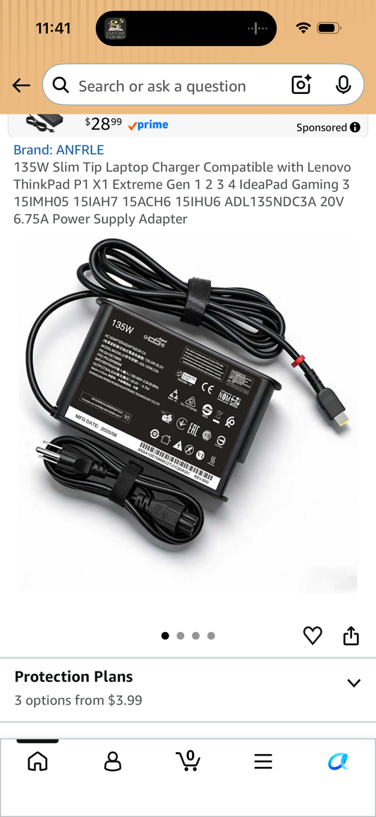 135W Slim Tip Laptop Charger Compatible with Lenovo ThinkPad P1 X1 Extreme Gen 1 2 3 4 IdeaPad Gaming 3 15IMH05 15IAH7 15ACH6 15IHU6 ADL135NDC3A 20V 6.75A Power Supply Adapter
