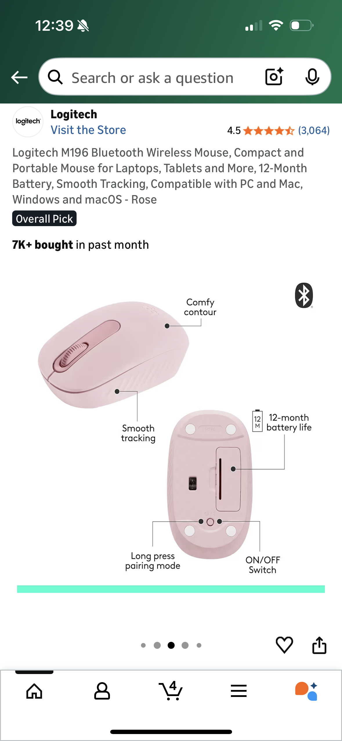 Logitech M196 Bluetooth Wireless Mouse, Compact and Portable Mouse for Laptops, Tablets and More, 12-Month Battery, Smooth Tracking, Compatible with PC and Mac, Windows and macOS - Rose