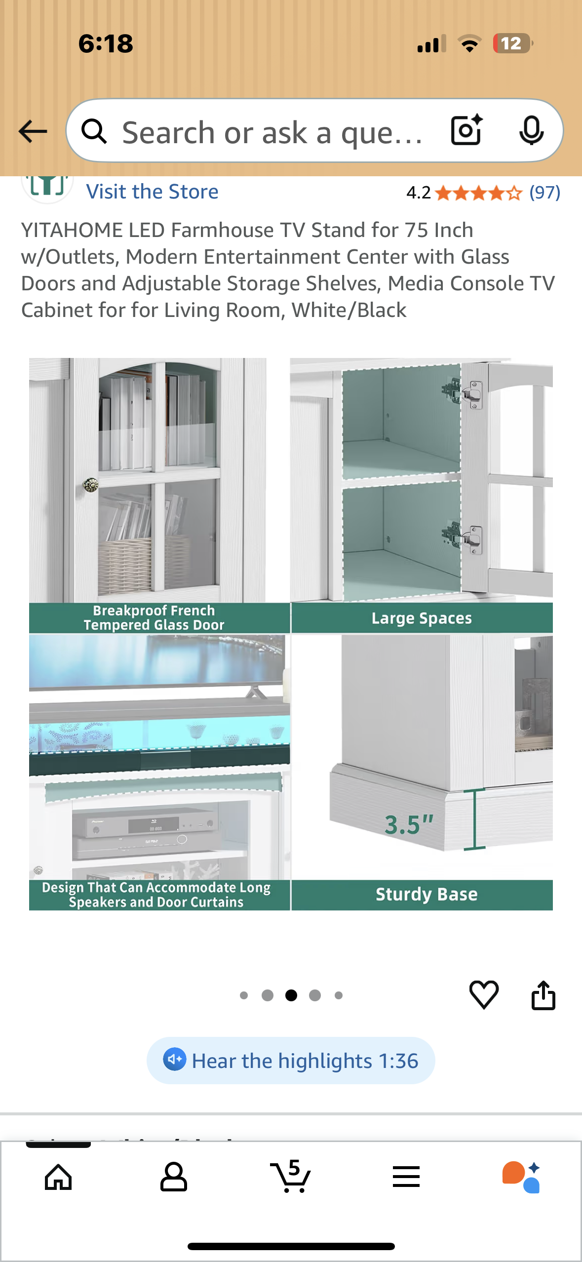 YITAHOME LED Farmhouse TV Stand for 75 Inch w/Outlets, Modern Entertainment Center with Glass Doors and Adjustable Storage Shelves, Media Console TV Cabinet for for Living Room, White/Black (L1064)