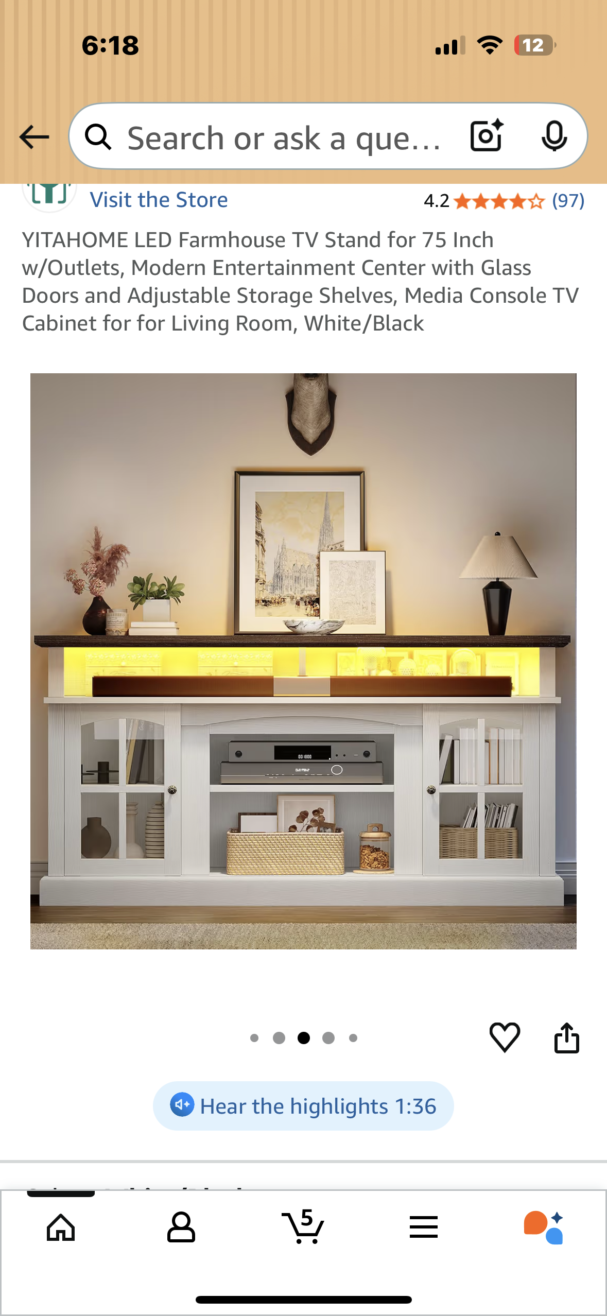 YITAHOME LED Farmhouse TV Stand for 75 Inch w/Outlets, Modern Entertainment Center with Glass Doors and Adjustable Storage Shelves, Media Console TV Cabinet for for Living Room, White/Black (L1064)