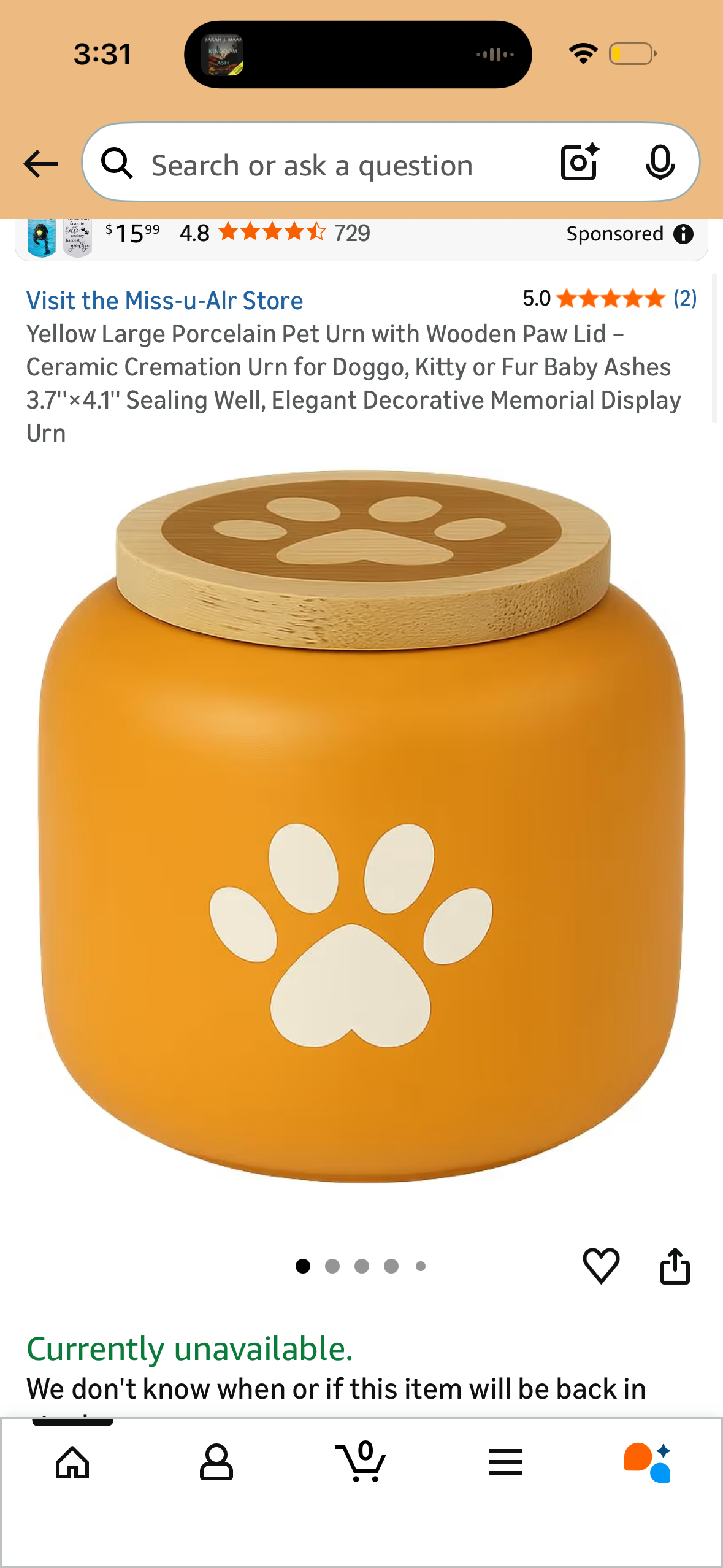 Yellow Large Porcelain Pet Urn with Wooden Paw Lid – Ceramic Cremation Urn for Doggo, Kitty or Fur Baby Ashes 3.7''×4.1'' Sealing Well, Elegant Decorative Memorial Display Urn