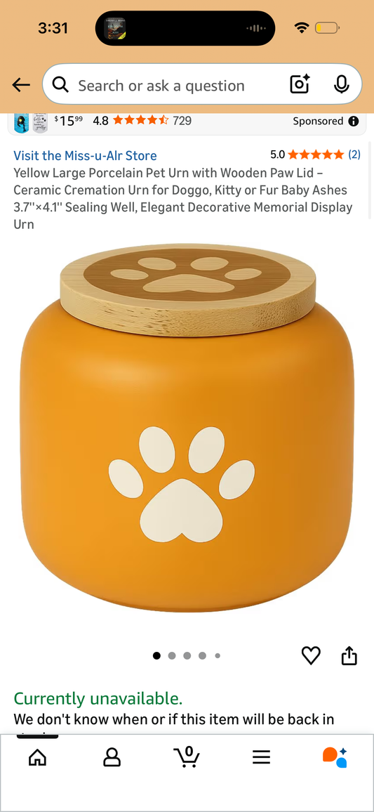 Yellow Large Porcelain Pet Urn with Wooden Paw Lid – Ceramic Cremation Urn for Doggo, Kitty or Fur Baby Ashes 3.7''×4.1'' Sealing Well, Elegant Decorative Memorial Display Urn