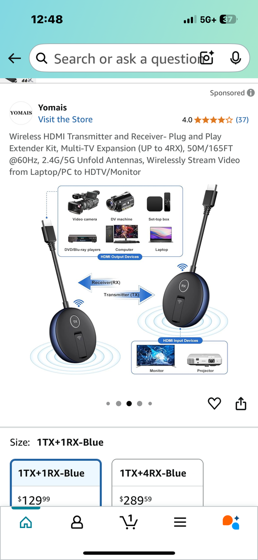 Wireless HDMI Transmitter and Receiver- Plug and Play Extender Kit, Multi-TV Expansion (UP to 4RX), 50M/165FT @60Hz, 2.4G/5G Unfold Antennas, Wirelessly Stream Video from Laptop/PC to HDTV/Monitor