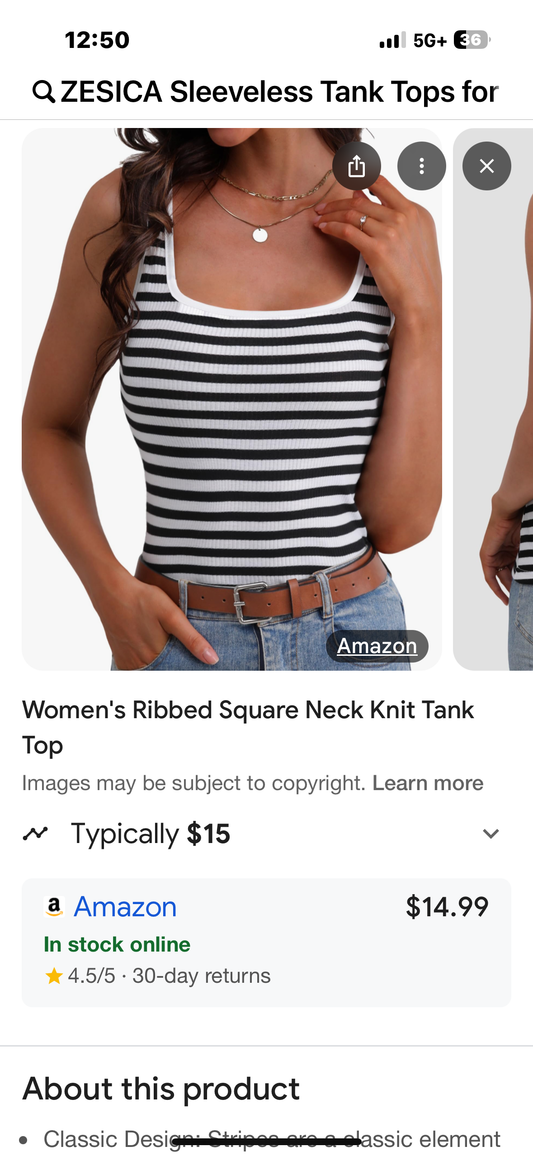 ZESICA Sleeveless Tank Tops for Women Square Neck Striped (Size Large)