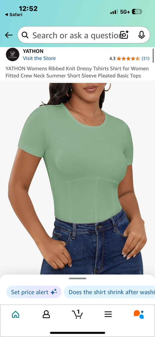 YATHON Womens Ribbed Knit Dressy Tshirts Shirt for Women Fitted Crew Neck Summer Short Sleeve Pleated Basic Tops