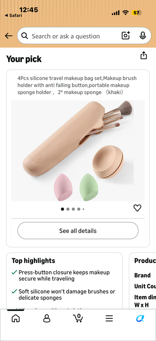 4Pcs silicone travel makeup bag set,Makeup brush holder with anti falling button,portable makeup sponge holder ，2* makeup sponge （khaki