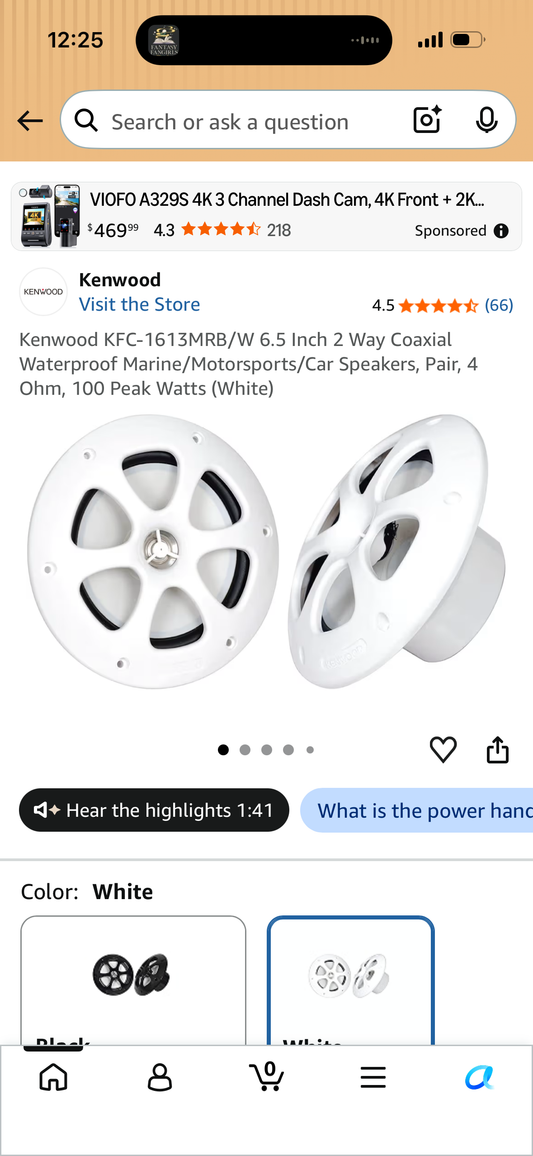 Kenwood KFC-1613MRB/W 6.5 Inch 2 Way Coaxial Waterproof Marine/Motorsports/Car Speakers, Pair, 4 Ohm, 100 Peak Watts (White)