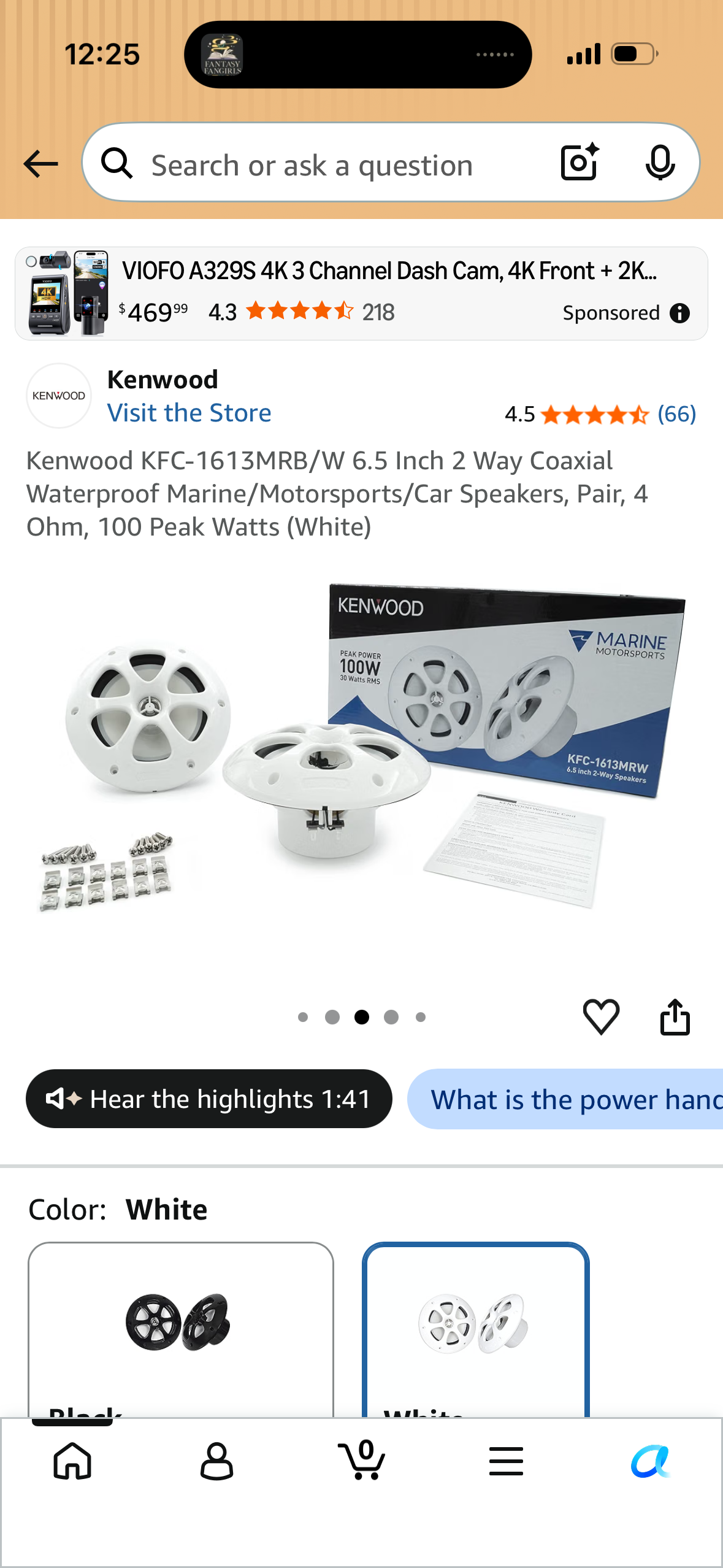 Kenwood KFC-1613MRB/W 6.5 Inch 2 Way Coaxial Waterproof Marine/Motorsports/Car Speakers, Pair, 4 Ohm, 100 Peak Watts (White)
