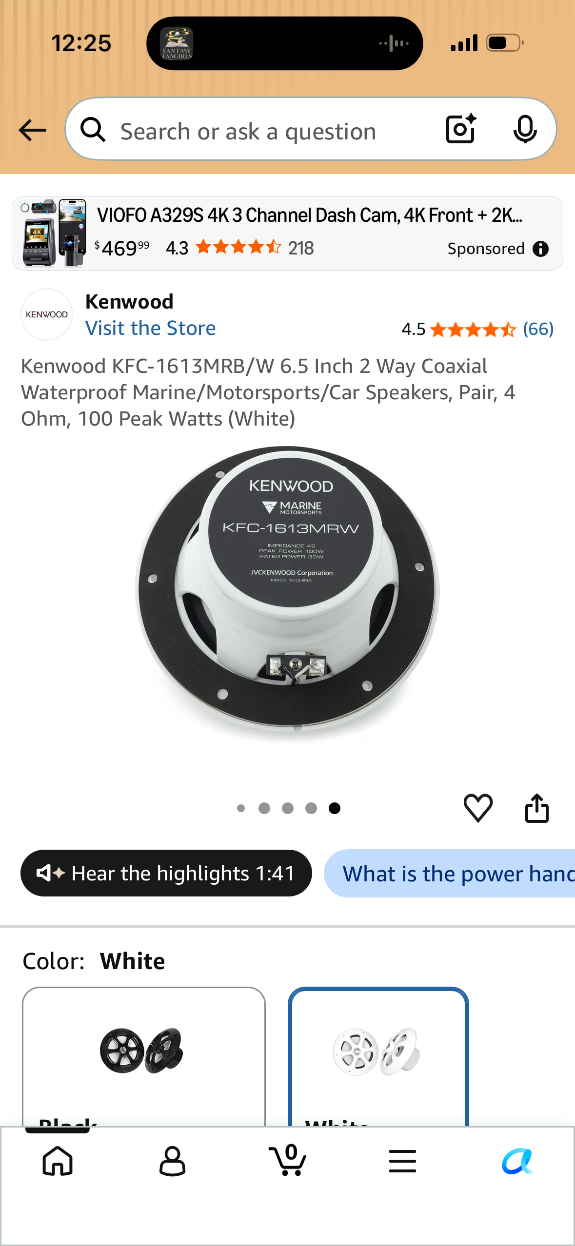 Kenwood KFC-1613MRB/W 6.5 Inch 2 Way Coaxial Waterproof Marine/Motorsports/Car Speakers, Pair, 4 Ohm, 100 Peak Watts (White)