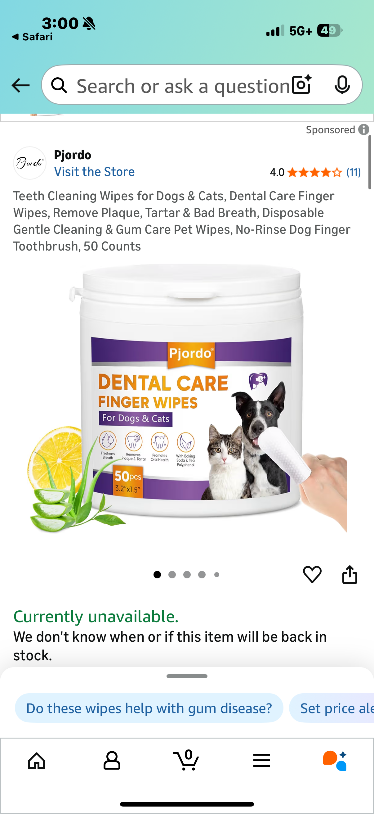 Pjordo Teeth Cleaning Wipes for Dogs & Cats, Dental Care Finger Wipes, Remove Plaque, Tartar & Bad Breath, Disposable Gentle Cleaning & Gum Care Pet Wipes, No-Rinse Dog Finger Toothbrush, 50 Counts