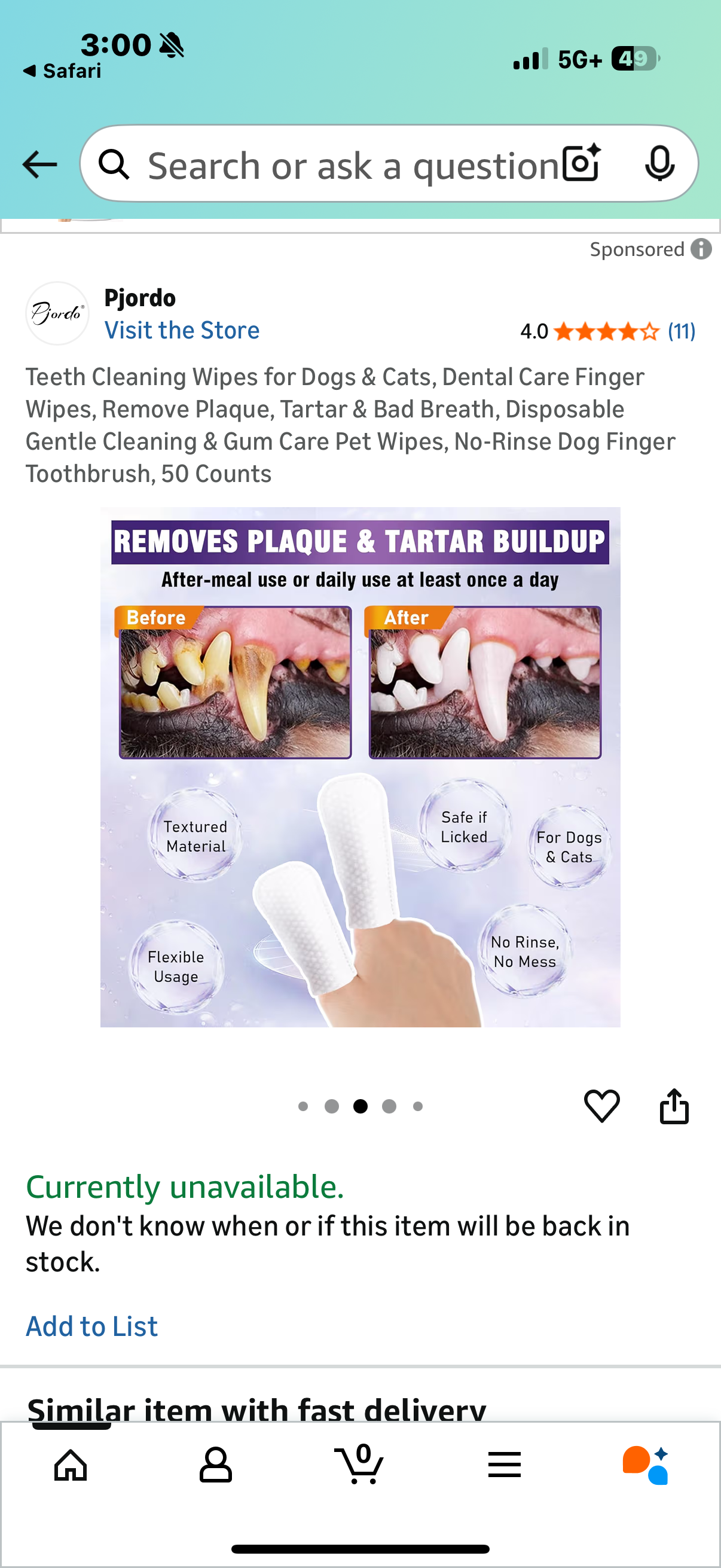 Pjordo Teeth Cleaning Wipes for Dogs & Cats, Dental Care Finger Wipes, Remove Plaque, Tartar & Bad Breath, Disposable Gentle Cleaning & Gum Care Pet Wipes, No-Rinse Dog Finger Toothbrush, 50 Counts