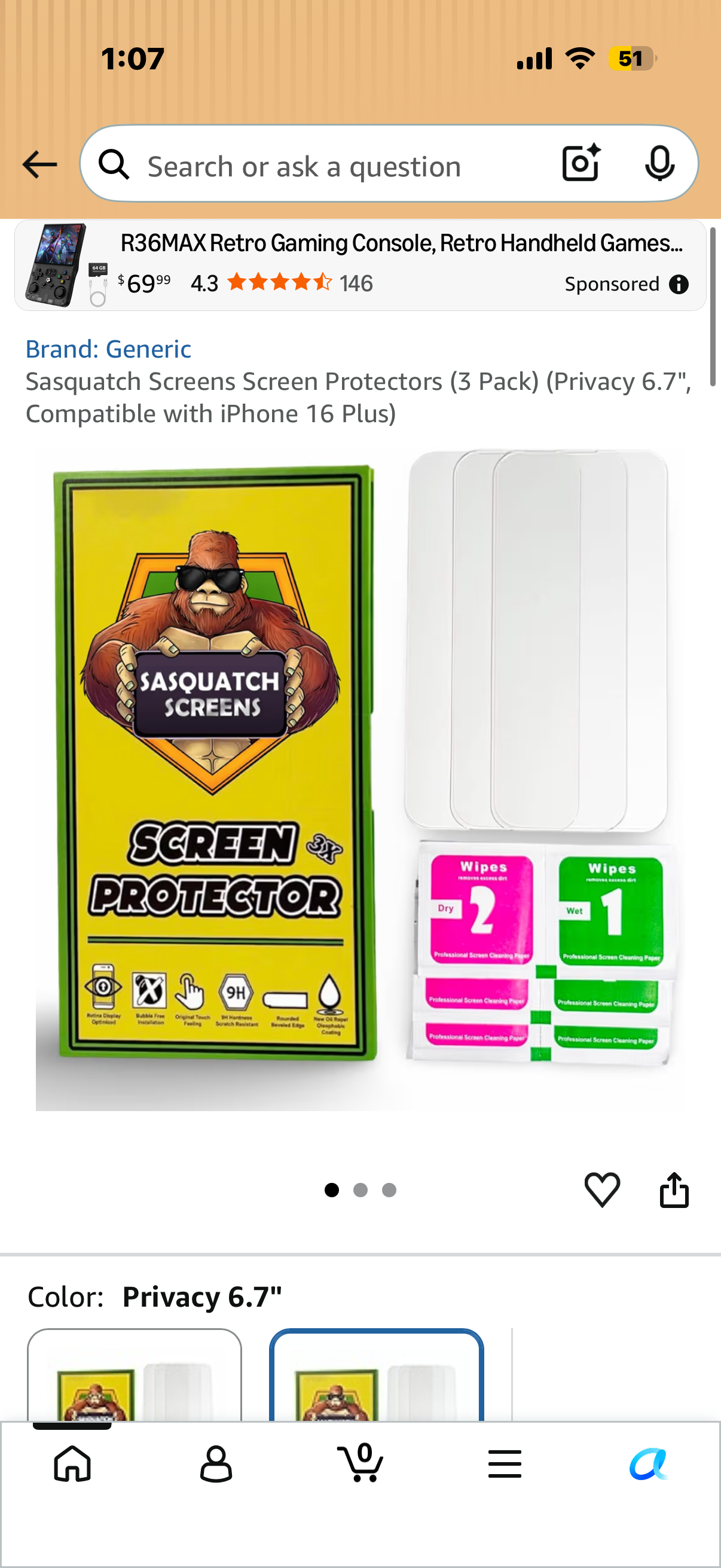 Sasquatch Screens Screen Protectors (3 Pack) (Privacy 6.7", Compatible with iPhone 16 Plus)