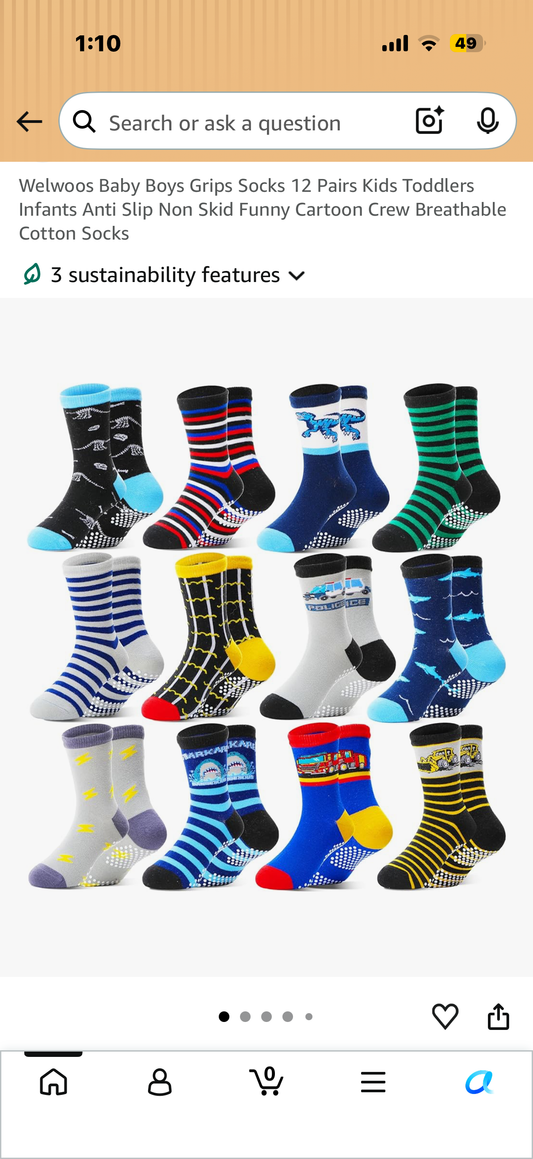 Welwoos Boys Grips Socks 12 Pairs Kids Anti Slip Non Skid Funny Cartoon Crew Breathable Cotton Socks (Size 9-14 years )