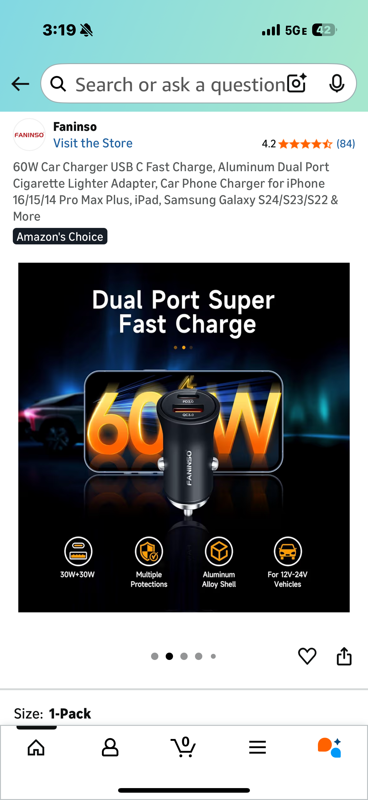 60W Car Charger USB C Fast Charge, Aluminum Dual Port Cigarette Lighter Adapter, Car Phone Charger for iPhone 16/15/14 Pro Max Plus, iPad, Samsung Galaxy S24/S23/S22 & More