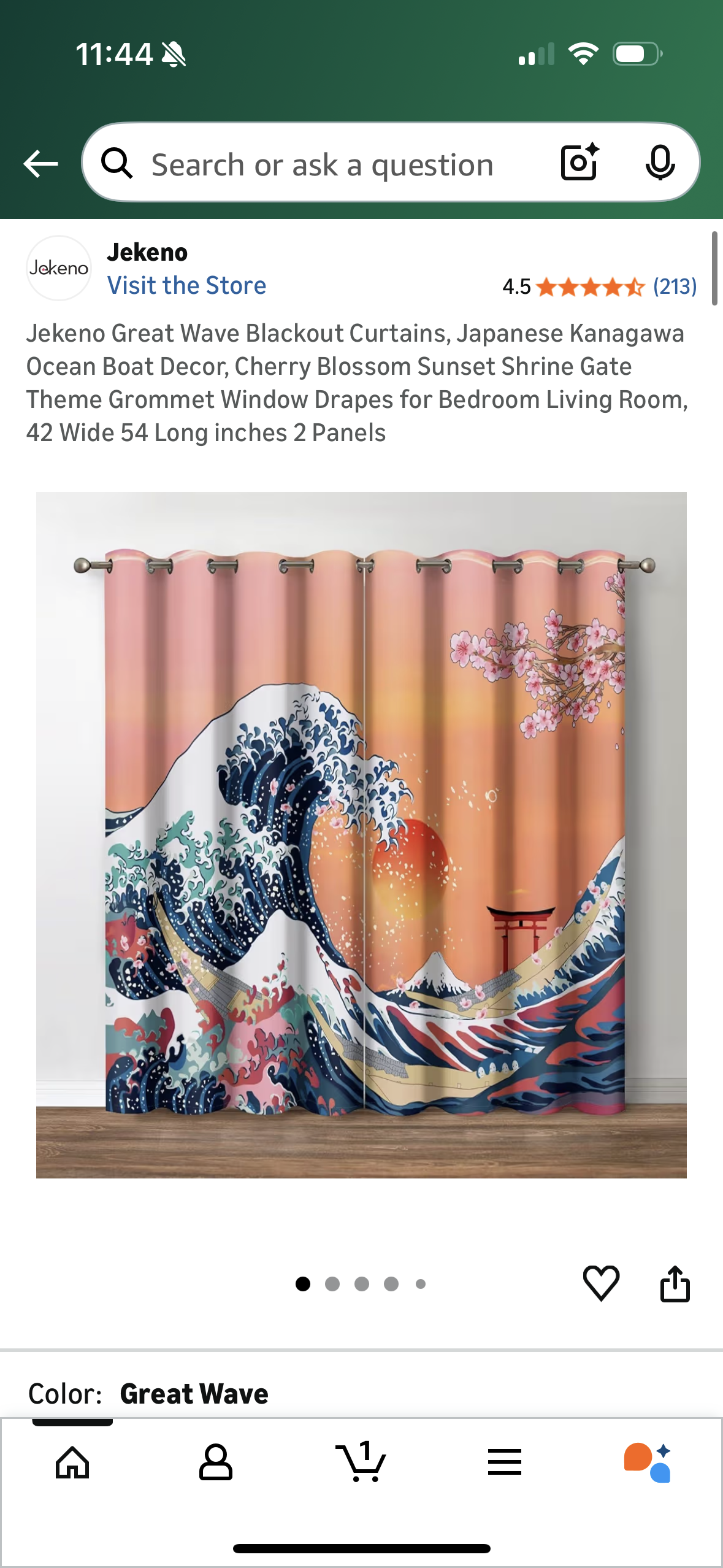 Jekeno Great Wave Blackout Curtains, Japanese Kanagawa Ocean Boat Decor, Cherry Blossom Sunset Shrine Gate Theme Grommet Window Drapes for Bedroom Living Room, 42 Wide 54 Long inches 2 Panels