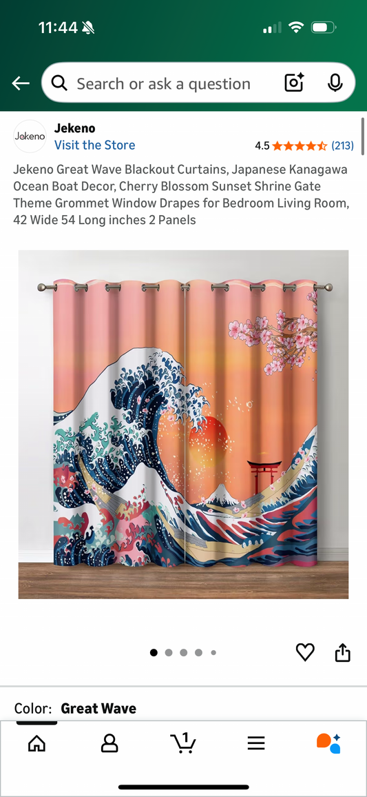 Jekeno Great Wave Blackout Curtains, Japanese Kanagawa Ocean Boat Decor, Cherry Blossom Sunset Shrine Gate Theme Grommet Window Drapes for Bedroom Living Room, 42 Wide 54 Long inches 2 Panels