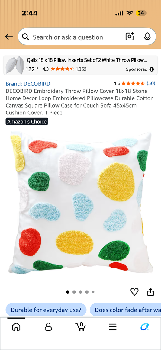 DECOBIRD Embroidery Throw Pillow Cover 18x18 Stone Home Decor Loop Embroidered Pillowcase Durable Cotton Canvas Square Pillow Case for Couch Sofa 45x45cm Cushion Cover, 1 Piece
